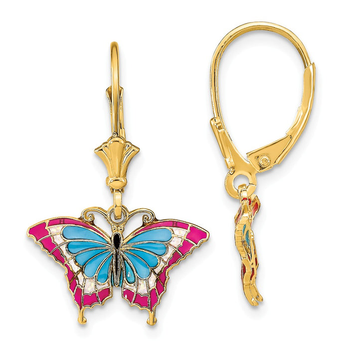 Million Charms 14k Yellow Gold BUTTERFLY with BLUE & RED STAINED GLASS WINGS LEVERBACK EARRINGS, 26.45mm x 17.2mm