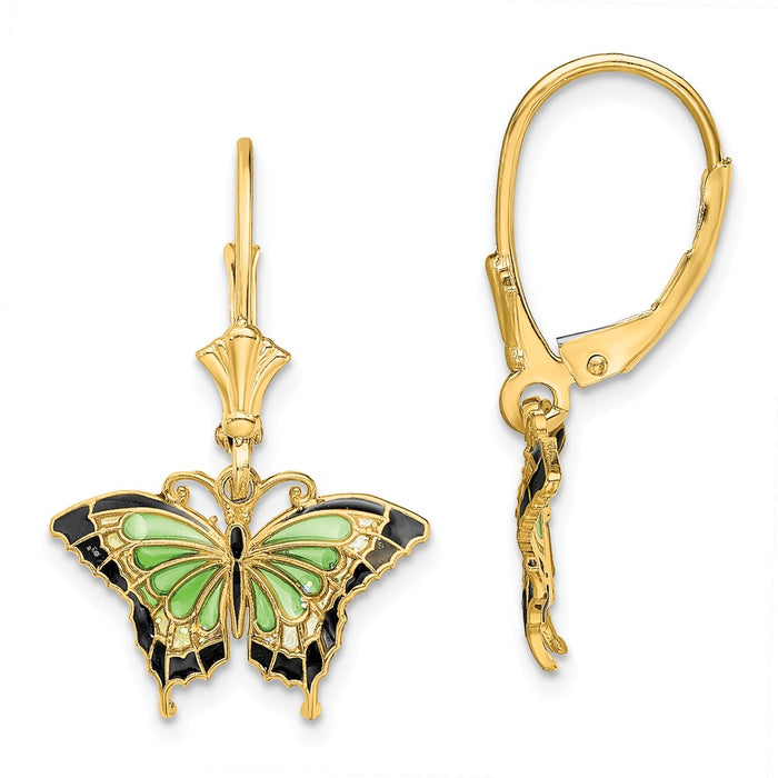 Million Charms 14k Yellow Gold Butterfly with Green Stained Glass Wings Leverback Earrings, 26.45mm x 17.2mm