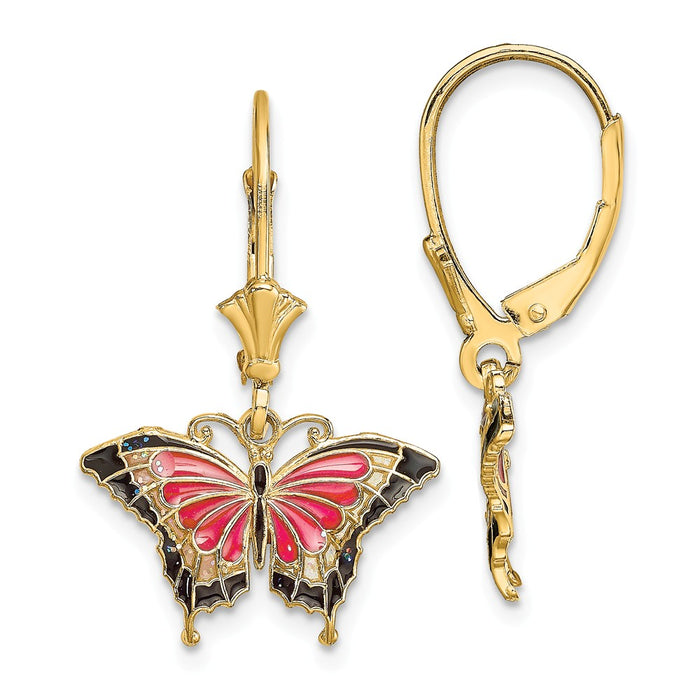 Million Charms 14k Yellow Gold BUTTERFLY with PINK STAINED GLASS WINGS LEVERBACK EARRINGS, 26.45mm x 17.2mm