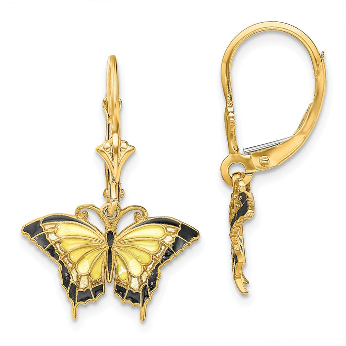 Million Charms 14k Yellow Gold Butterfly with Yellow Stained Glass Wings Leverback Earrings, 26.45mm x 17.2mm