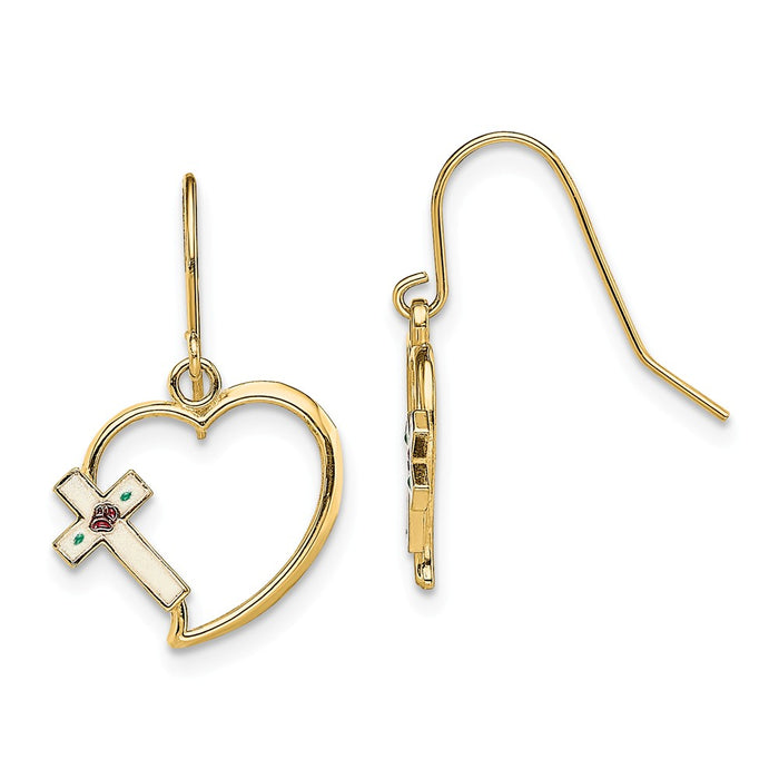 Million Charms 14k Yellow Gold with Enamel Cross Heart Dangle Earrings, 20.9mm x 13.7mm