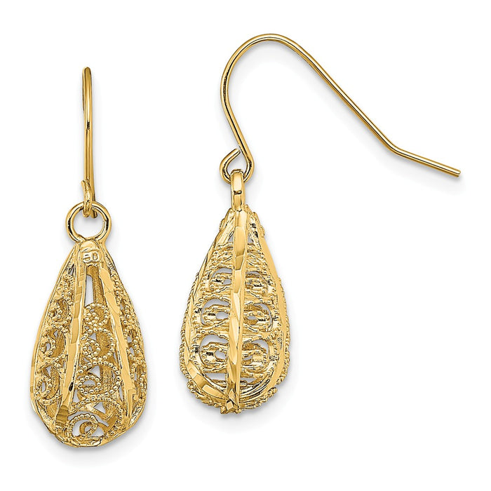 Million Charms 14k Yellow Gold 3-D Diamond-Cut Teardrop Dangle Wire Earrings, 23.3mm x 23.3mm