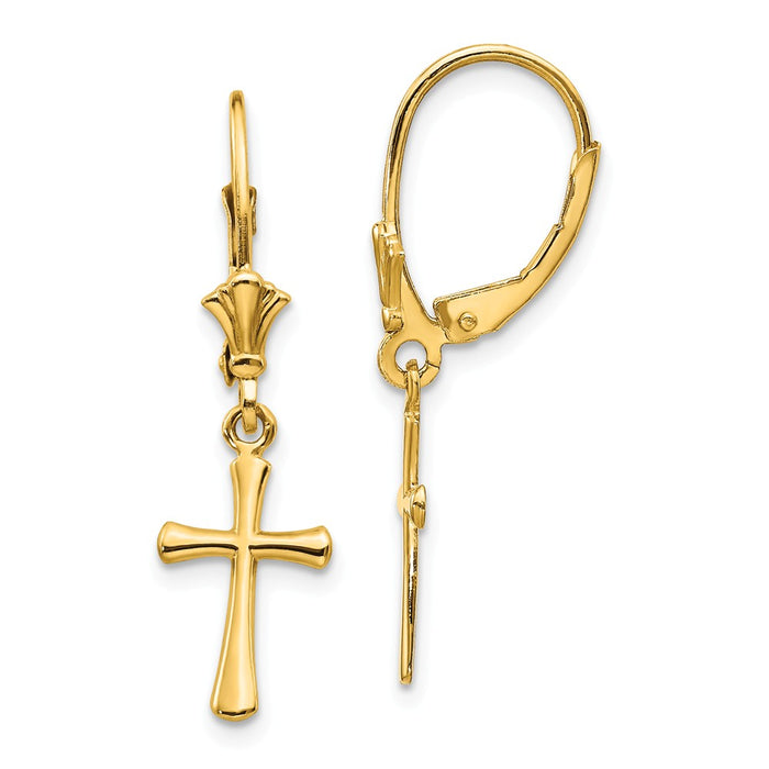 Million Charms 14k Yellow Gold Polished Cross Leverback Earrings, 30.25mm x 8mm