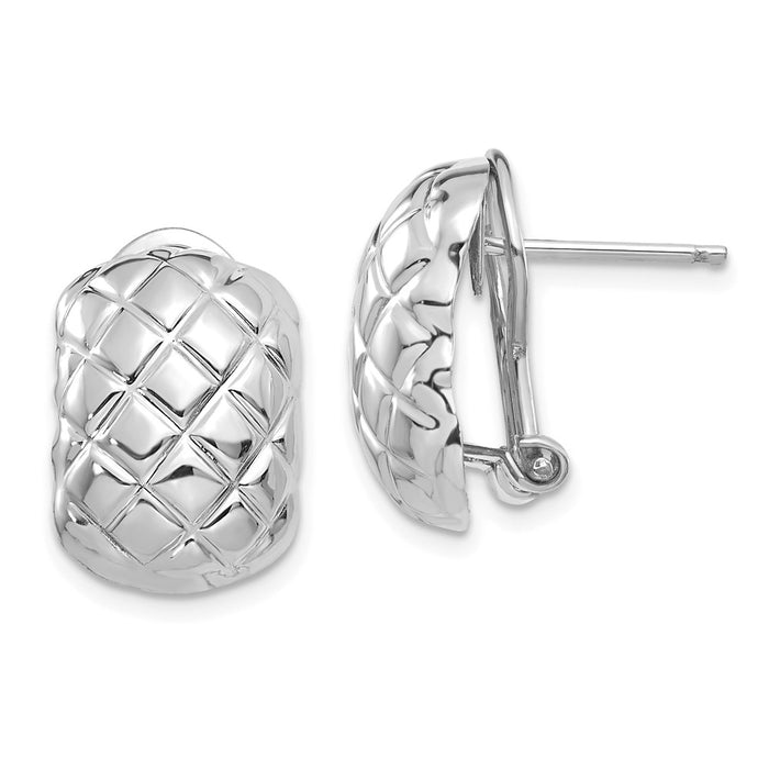Million Charms 14k White Gold Polished Quilted Omega Back Post Earrings, 17mm x 11mm