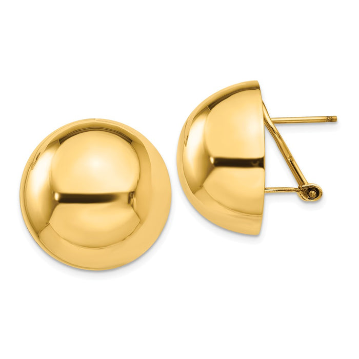 Million Charms 14k Yellow Gold Polished Half Ball Omega Back Post Earrings, 20mm x 20mm