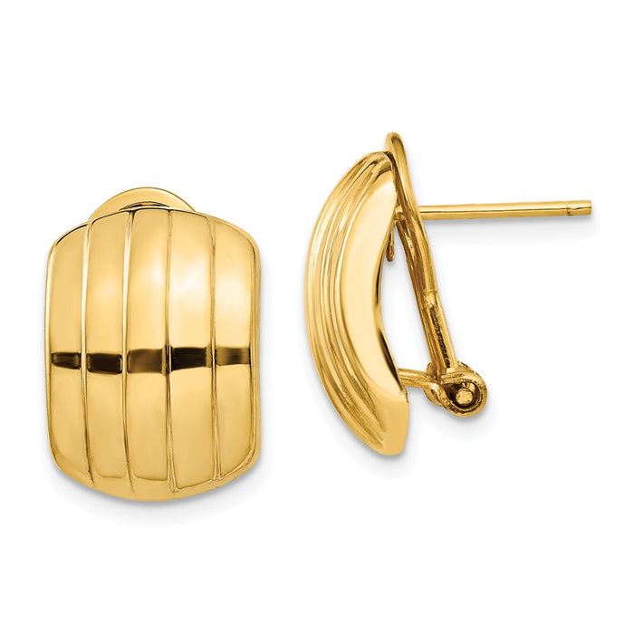 Million Charms 14k Yellow Gold Polished Ribbed Omega Back Post Earrings, 17mm x 12mm