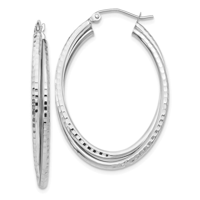 Million Charms 14k White Gold Diamond-cut Polished Oval Hoop Earring, 37.25mm x 25.5mm