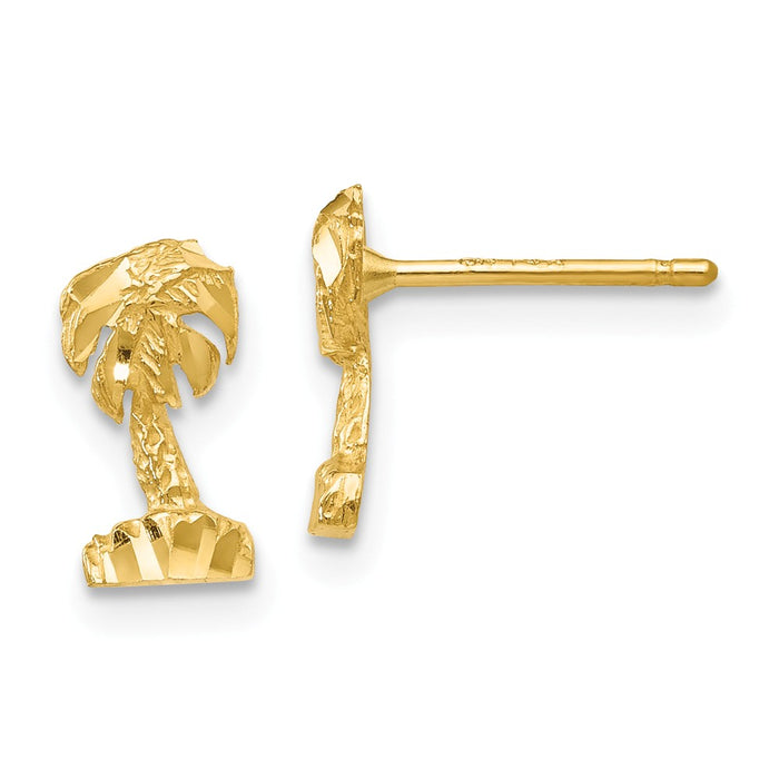 Million Charms 14k Yellow Gold Diamond-cut Palm Tree Earrings, 9mm x 5mm