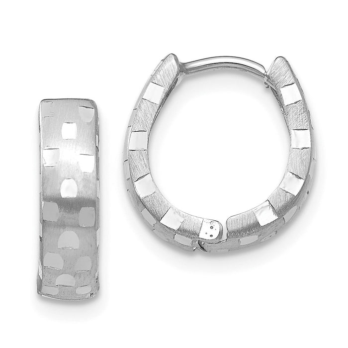 Million Charms 14K White Gold Diamond-cut 4mm Patterned Hinged Hoop Earrings, 14mm x 5mm