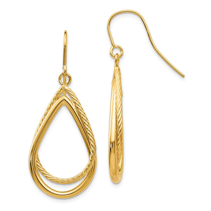 Million Charms 14k Yellow Gold Polished and Textured Teardrop Shepherd Hook Earrings, 40mm x 17mm