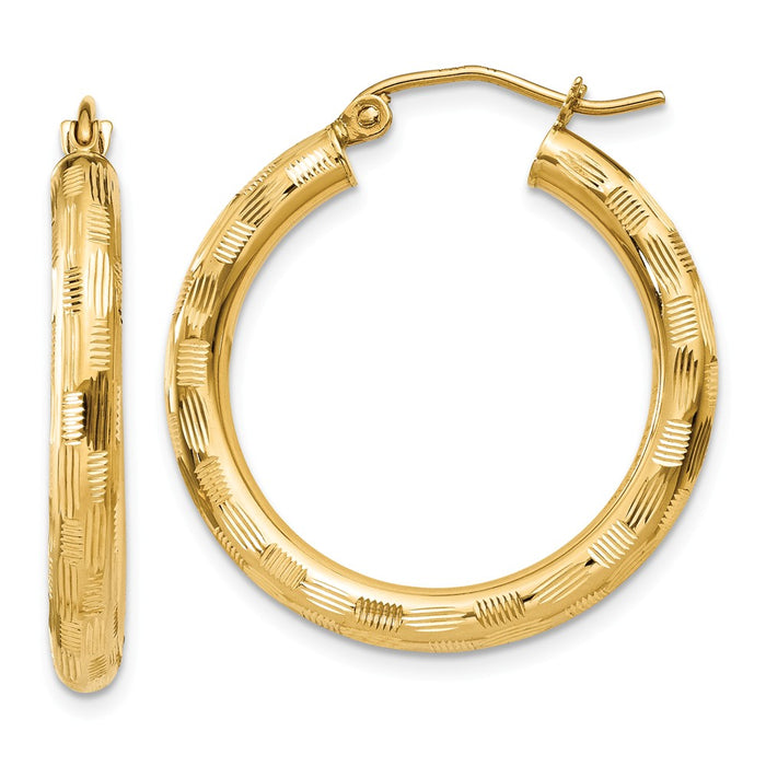 Million Charms 14k Yellow Gold Textured Hoop Earrings, 25mm x 3mm