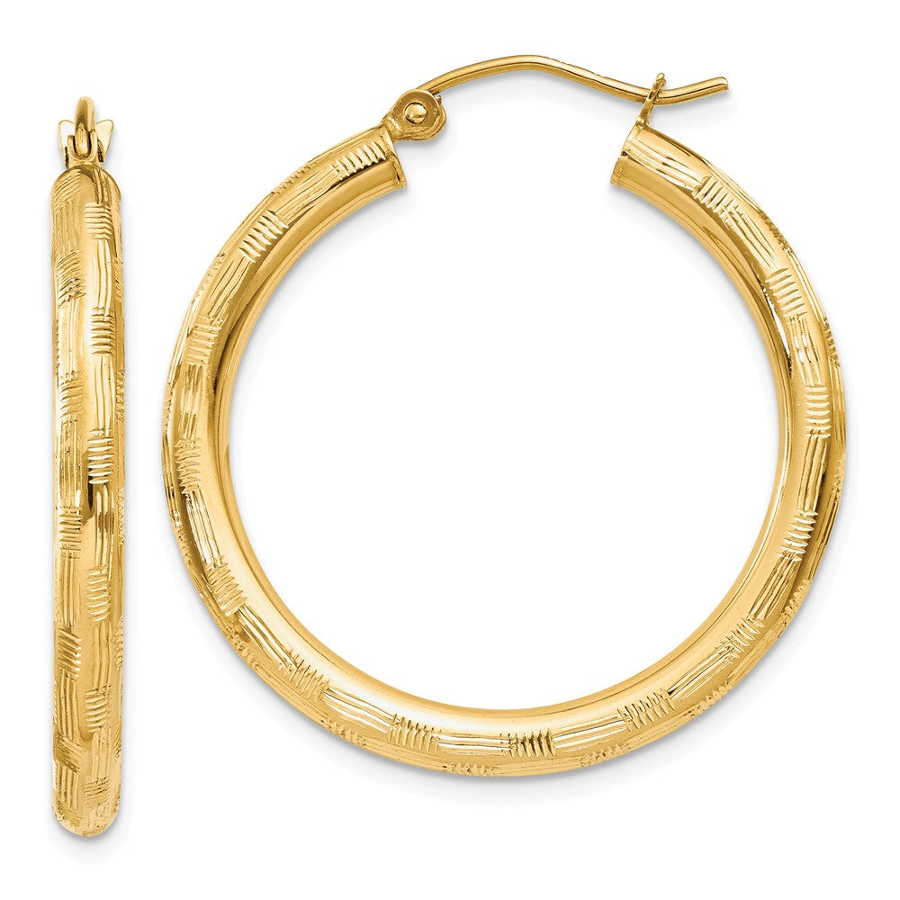 Million Charms 14k Yellow Gold Textured Hoop Earrings, 30mm x 3mm