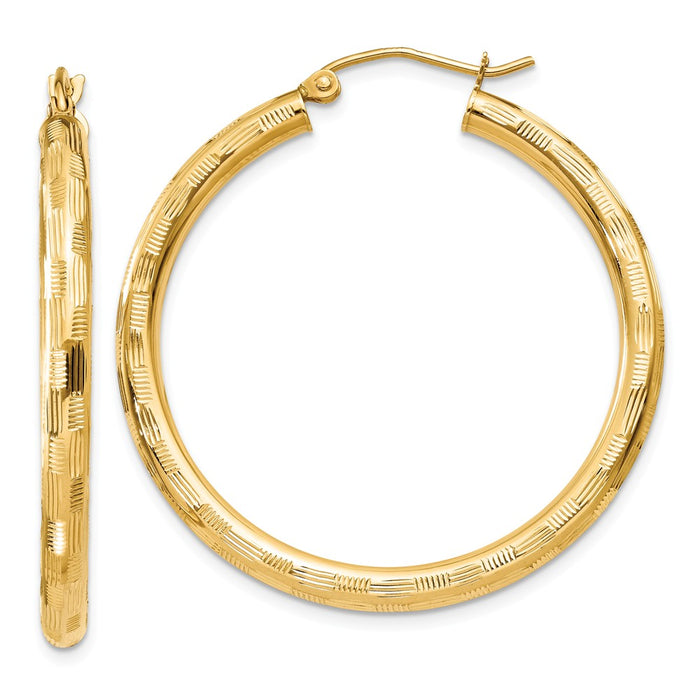 Million Charms 14k Yellow Gold Textured Hoop Earrings, 35mm x 3mm