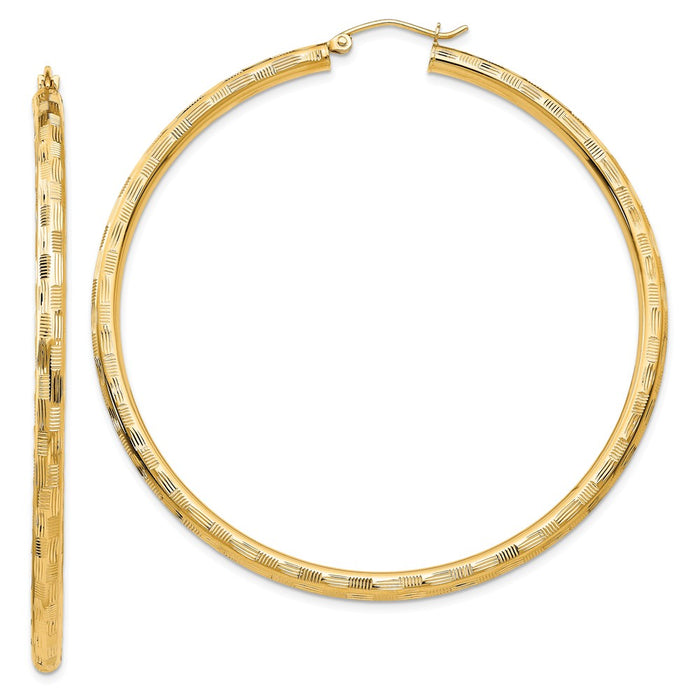 Million Charms 14k Yellow Gold Textured Hoop Earrings, 60mm x 3mm