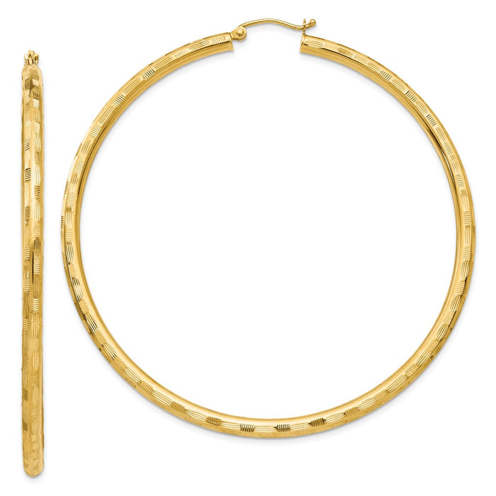 Million Charms 14k Yellow Gold Textured Hoop Earrings, 65mm x 3mm