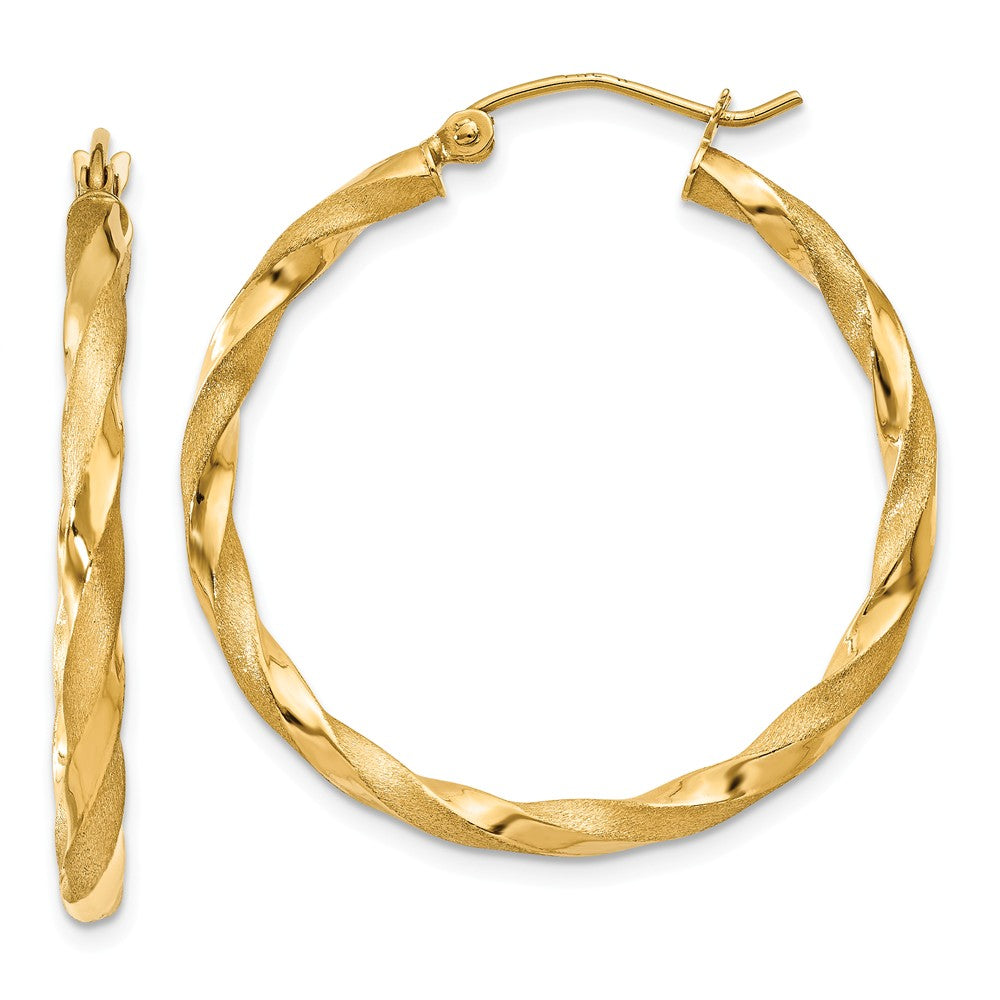 Million Charms 14k Yellow Gold Polished & Satin Twisted Hoop Earrings, 32mm x 2.5mm