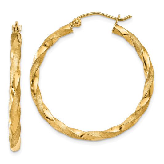 Million Charms 14k Yellow Gold Polished & Satin Twisted Hoop Earrings, 32mm x 2.5mm