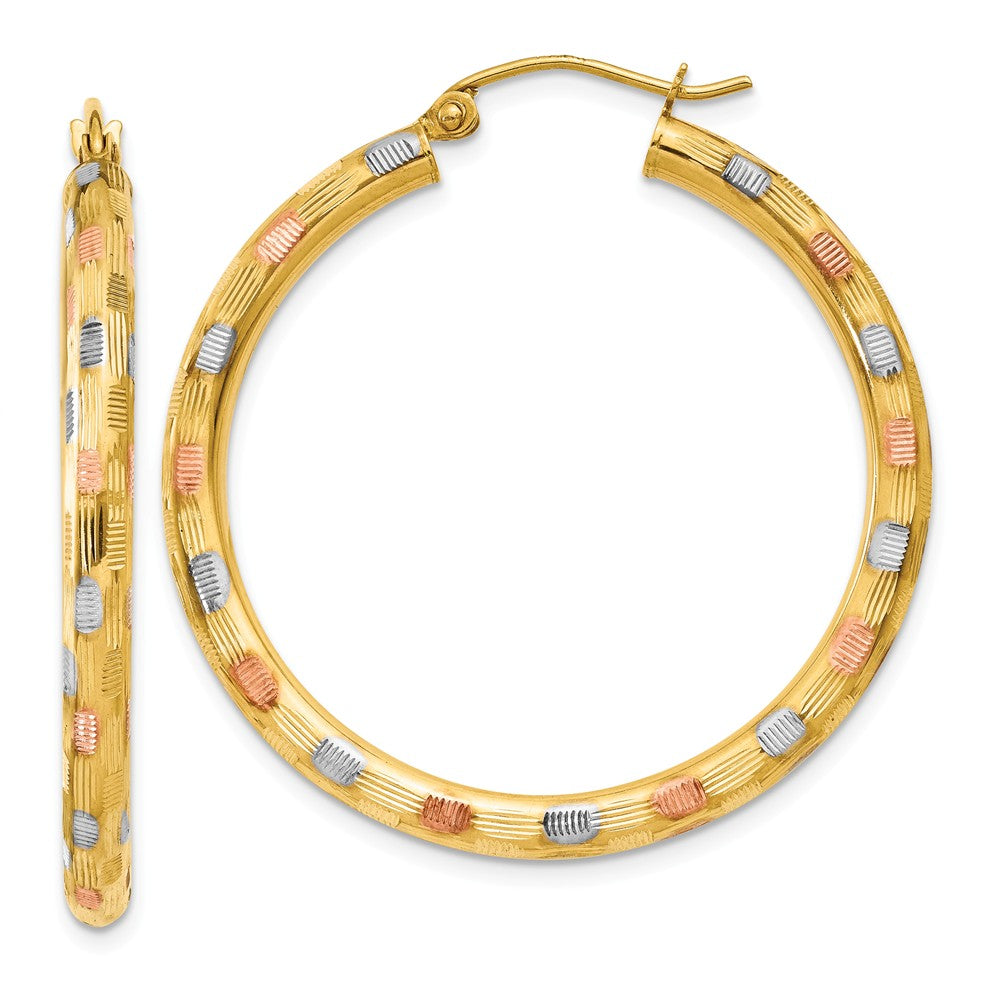 Million Charms 14k & White & Rose Rhodium Textured Hoop Earrings, 39mm x 3mm