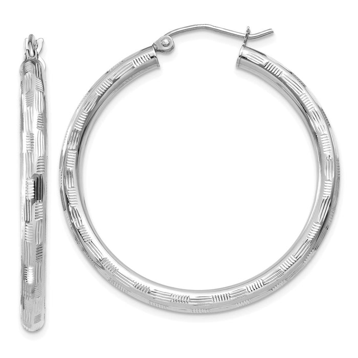 Million Charms 14k White Gold Textured Hoop Earrings, 35mm x 3mm