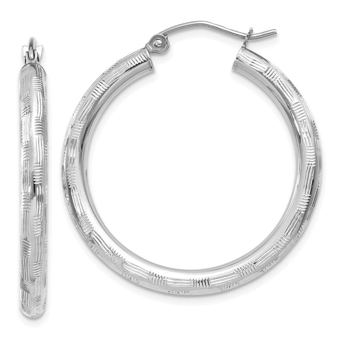 Million Charms 14k White Gold Textured Hoop Earrings, 30mm x 3mm