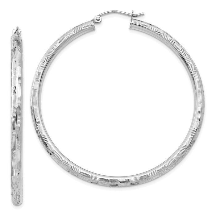 Million Charms 14k White Gold Textured Hoop Earrings, 50mm x 3mm