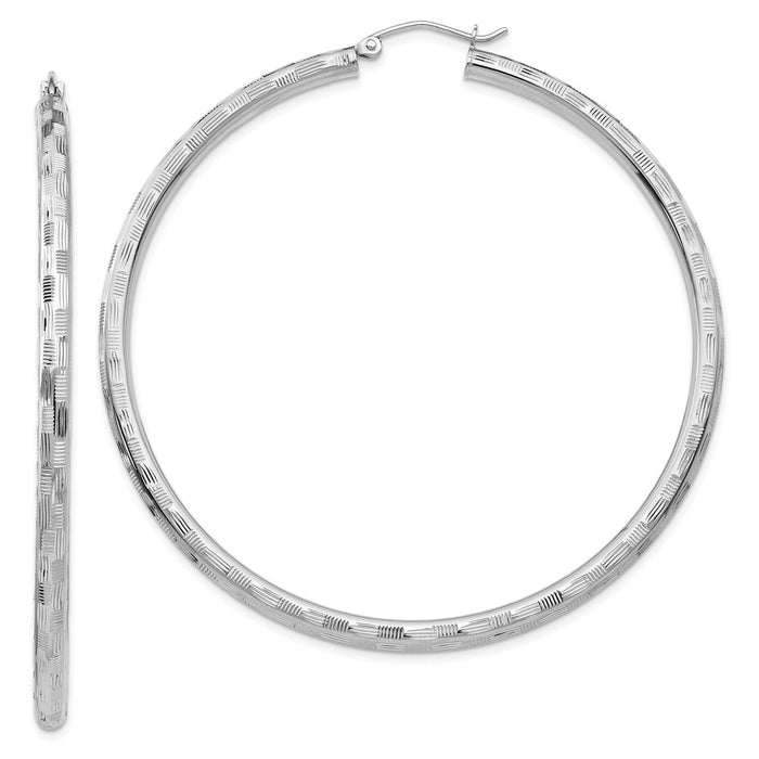 Million Charms 14k White Gold Textured Hoop Earrings, 60mm x 3mm