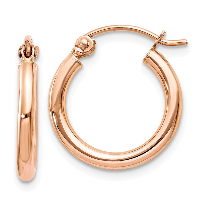 Million Charms 14k Rose Gold Polished 2mm Lightweight Tube Hoop Earrings, 15mm x 2mm