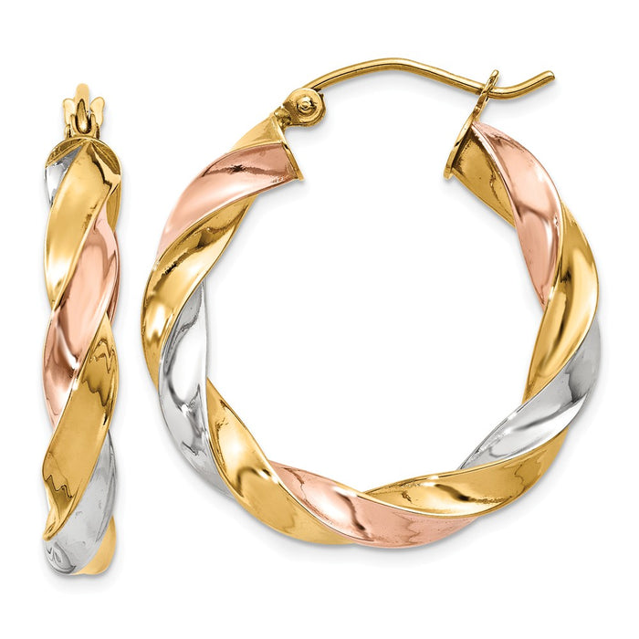 Million Charms 14k Tri-color Light Twisted Hoop Earrings, 29mm x 5mm