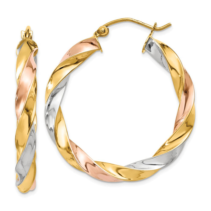 Million Charms 14k Tri-color Light Twisted Hoop Earrings, 33mm x 5mm