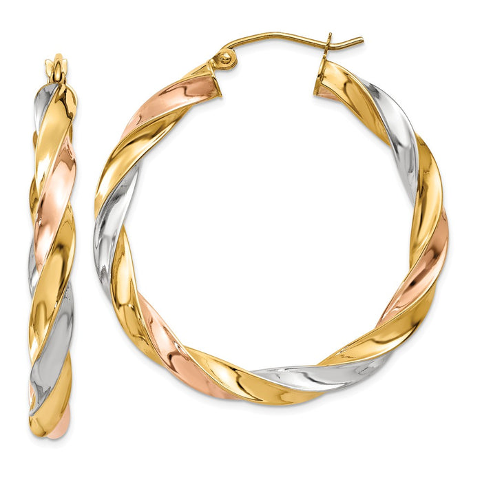 Million Charms 14k Tri-color Light Twisted Hoop Earrings, 34mm x 4mm