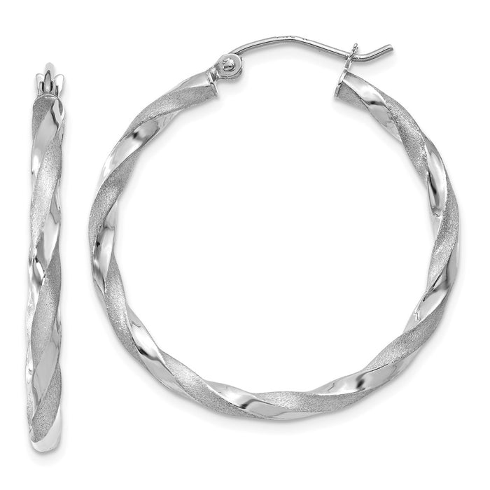 Million Charms 14k White Gold Polished & Satin Twisted Hoop Earrings, 32mm x 2.5mm