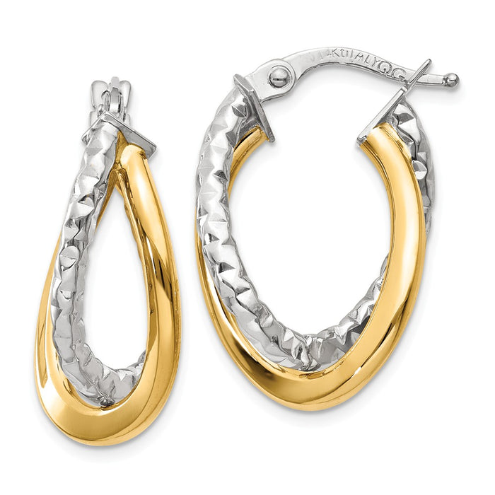 Million Charms 14K Two-tone Polished/Textured Post Hoop Earring, 23mm x 10mm