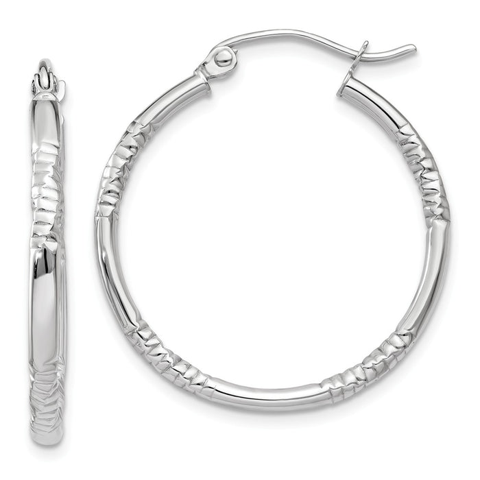 Million Charms 14k White Gold Polished and Textured Hoop Earrings, 26mm x 2.25mm