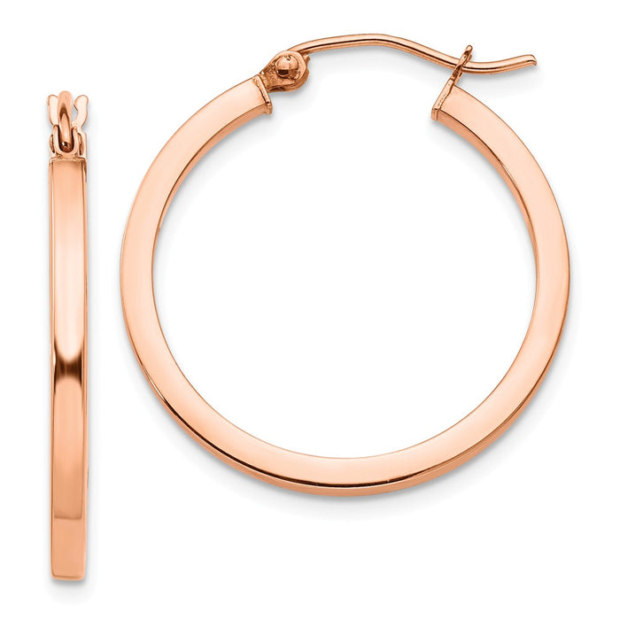 Million Charms 14k Rose Gold Lightweight Square Tube Hoop Earrings, 25mm x 2mm