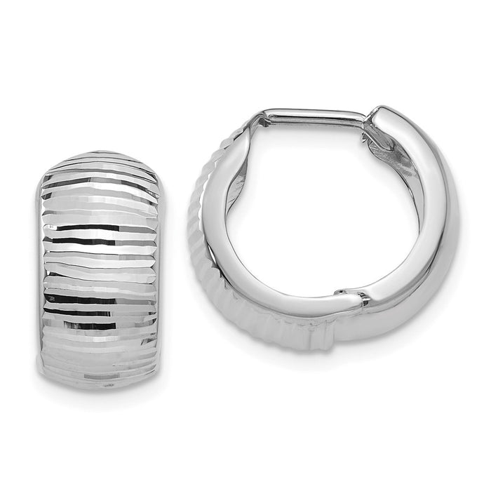 Million Charms 14K White Gold Textured and Polished Hinged Hoop Earrings, 17mm x 9mm