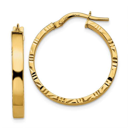 Million Charms 14k Yellow Gold Diamond-cut Edge Medium 3mm Polished Hoop Earrings, 26.75mm x 25mm