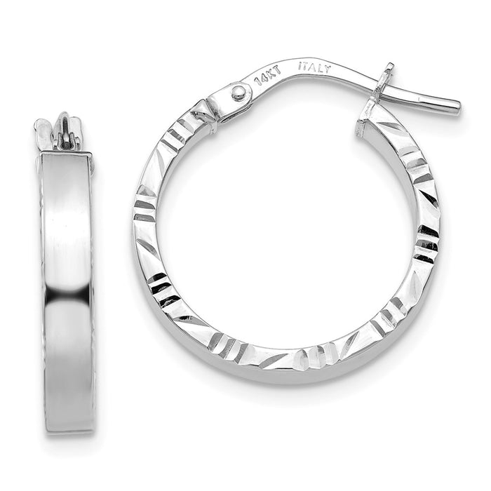 Million Charms 14K White Gold Small 3mm Diamond-cut Edge Polished Hoop Earrings, 20mm x 18.75mm