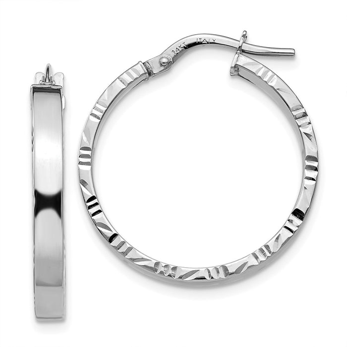 Million Charms 14K White Gold Diamond-cut Edge Medium 3mm Polished Hoop Earrings, 26.75mm x 25mm