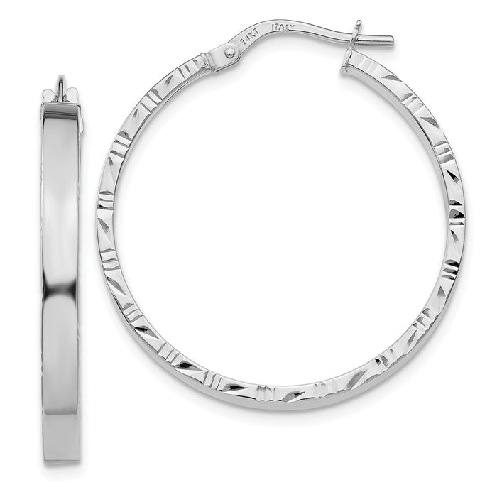 Million Charms 14K White Gold Diamond-cut Edge Large 3mm Polished Hoop Earrings, 32.25mm x 30.25mm