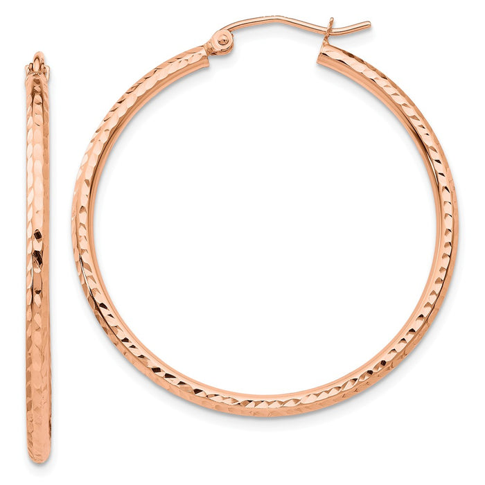 Million Charms 14k Rose Gold Polished Lightweight Large Diamond-Cut Tube Hoop Earrings, 35mm x 2mm