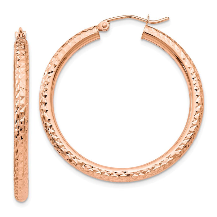 Million Charms 14k Rose Gold Diamond-cut 3mm Round Hoop Earrings, 35mm x 3mm