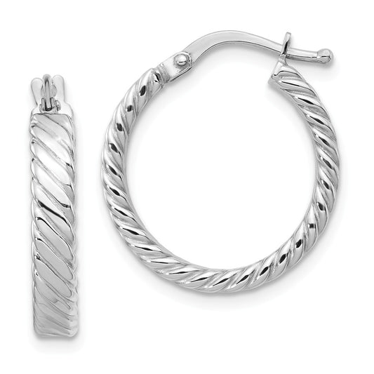 Million Charms 14K White Gold Small 3mm Patterned Hoop Earrings, 20.75mm x 20mm