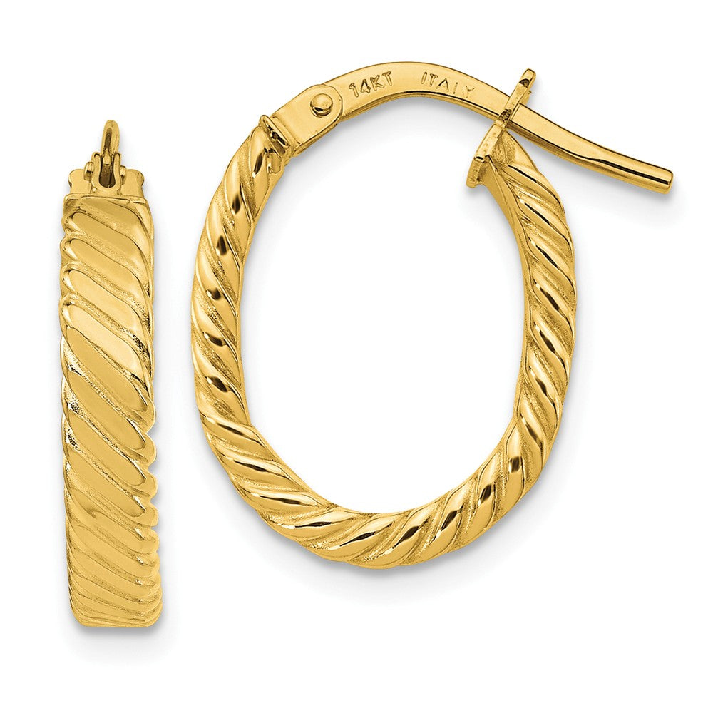 Million Charms 14k Yellow Gold 3mm Patterned Oval Hoop Earrings, 17.75mm x 14mm