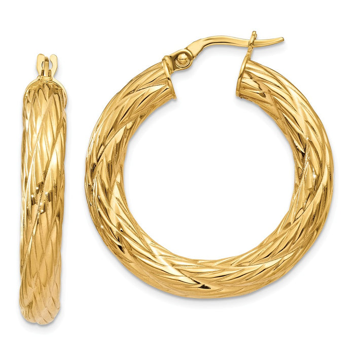 Million Charms 14k Yellow Gold Textured Tube Hoop Earrings, 32mm x 32mm