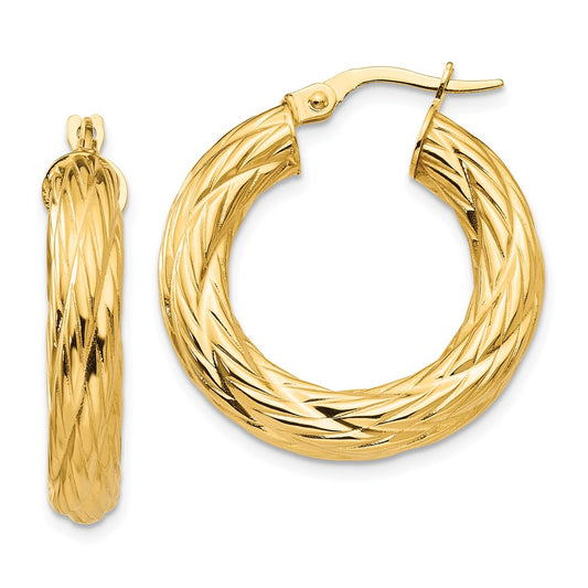 Million Charms 14k Yellow Gold Textured Tube Hoop Earrings, 28mm x 28mm