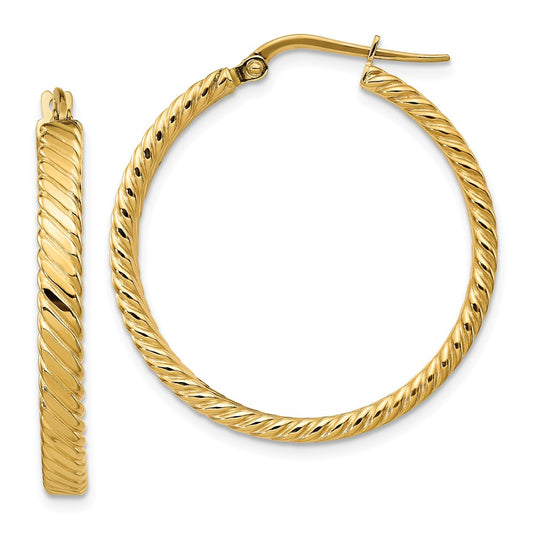 Million Charms 14k Yellow Gold Large 3mm Patterned Hoop Earrings, 32.25mm x 31mm