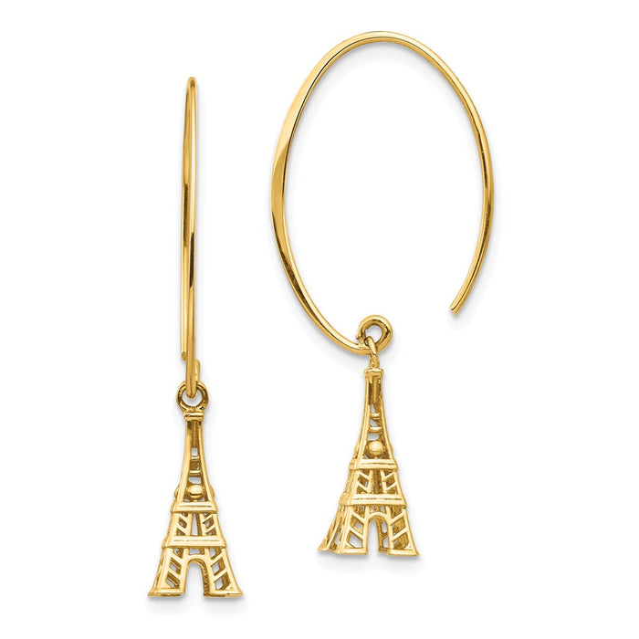 Million Charms 14k Yellow Gold Eiffel Tower Dangle Earrings, 34.8mm x 14.59mm