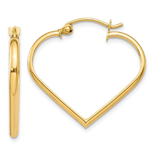 Million Charms 14k Yellow Gold Polished 2mm Heart Hoop Earrings, 23mm x 2mm