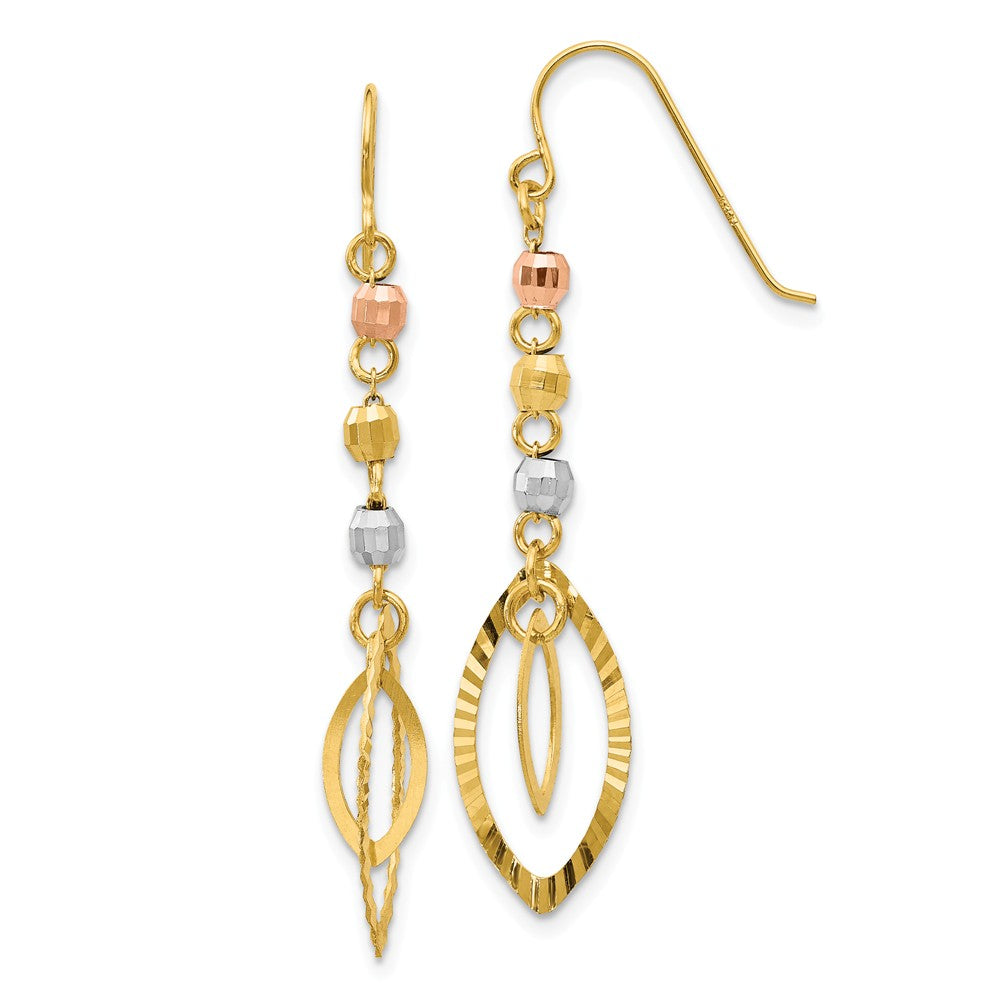 Million Charms 14K Tri-Color Diamond-Cut Bead Oval Dangle Earrings, 38mm x 8mm