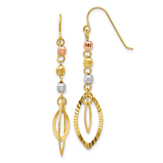 Million Charms 14K Tri-Color Diamond-Cut Bead Oval Dangle Earrings, 38mm x 8mm